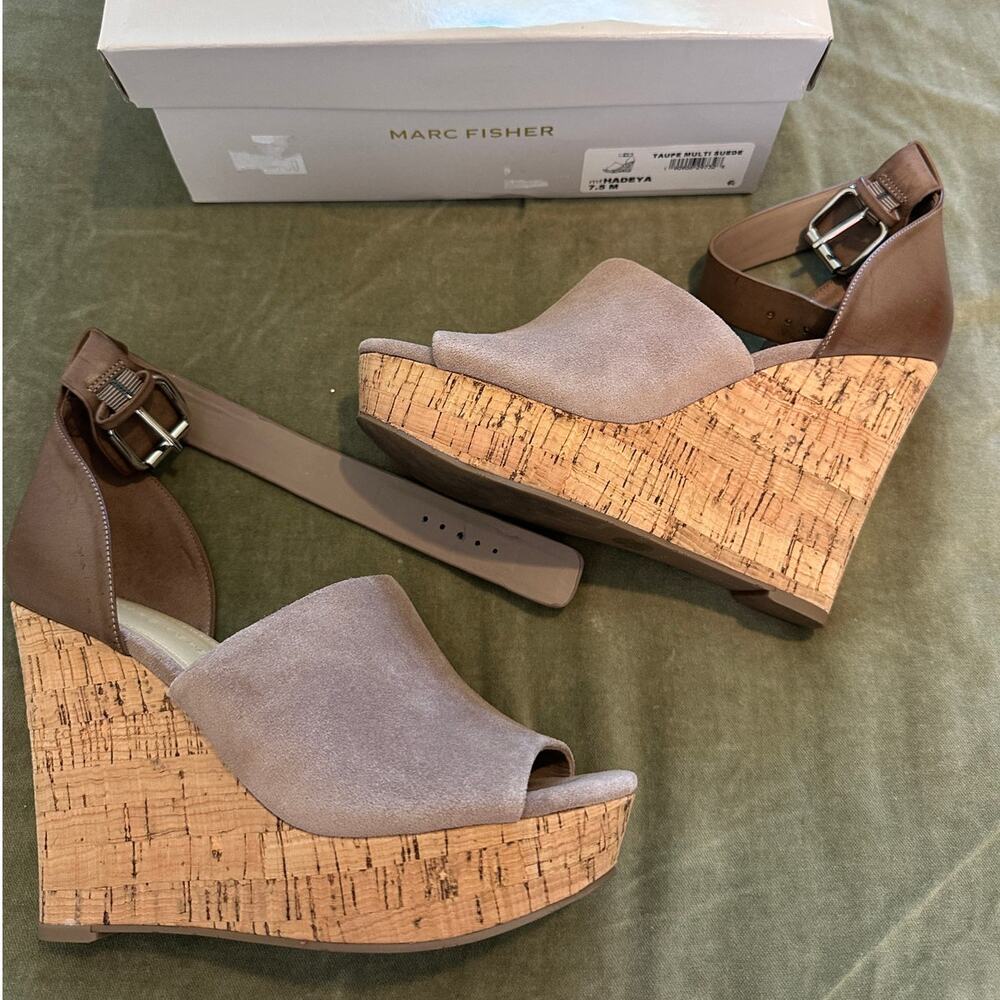 Marc Fisher Hadeya Taupe Suede Leather Wedge Sandals 7.5